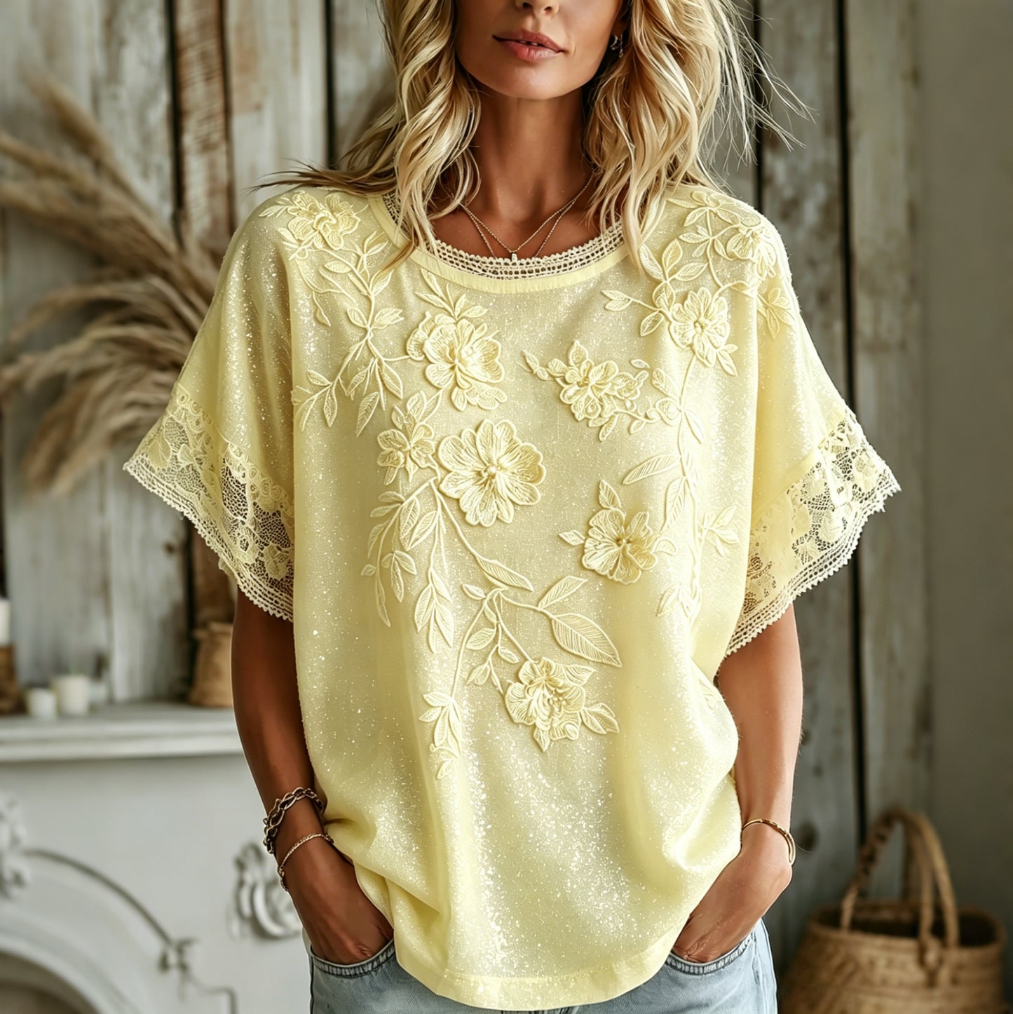 Cardydony Women's Vintage Summer Romantic Yellow Rose Art Linen Blend Short Sleeve Tops