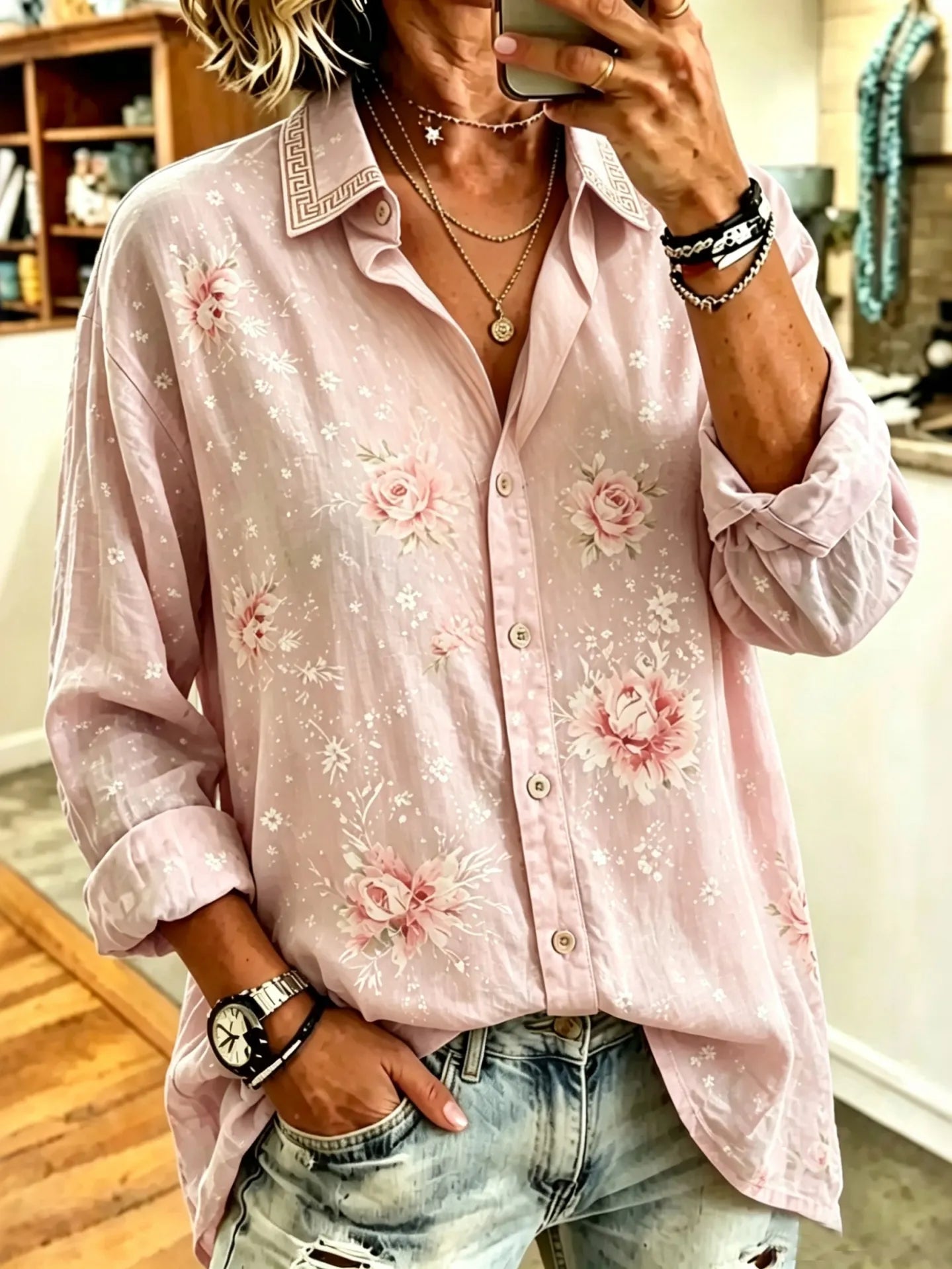 Cardydony Women's Vintage Autumn And Winter Pink Floral Art Print Flowy Linen Blend Long Sleeve Shirts