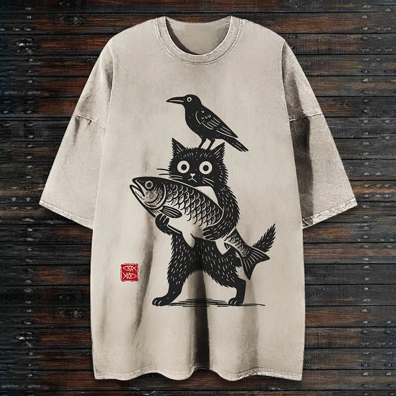 Cardydony Men's Cat Holding Fish Japanese Art Print T-shirt