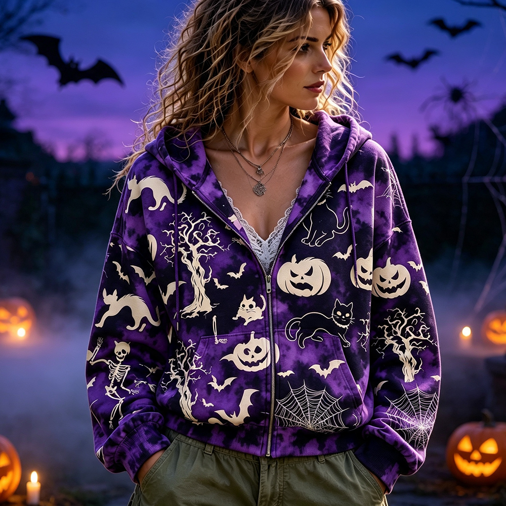 Cardydony Women's Halloween Graphic Zip-up Hoodie - Purple Tie-dye Spooky Cat & Pumpkin Print Jacket