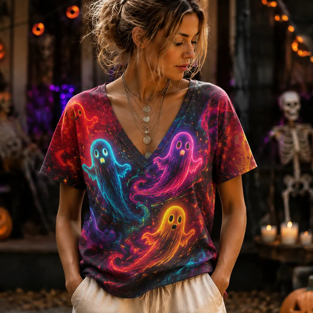 Cardydony Women's V-neck T-shirt With Colorful Neon Ghost Graphic Print