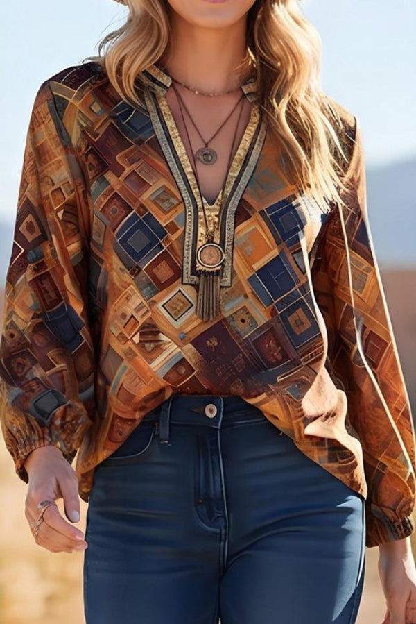 Cardydony Women's Bohemian-style Unique Print V-neck Long-sleeved Loose Top
