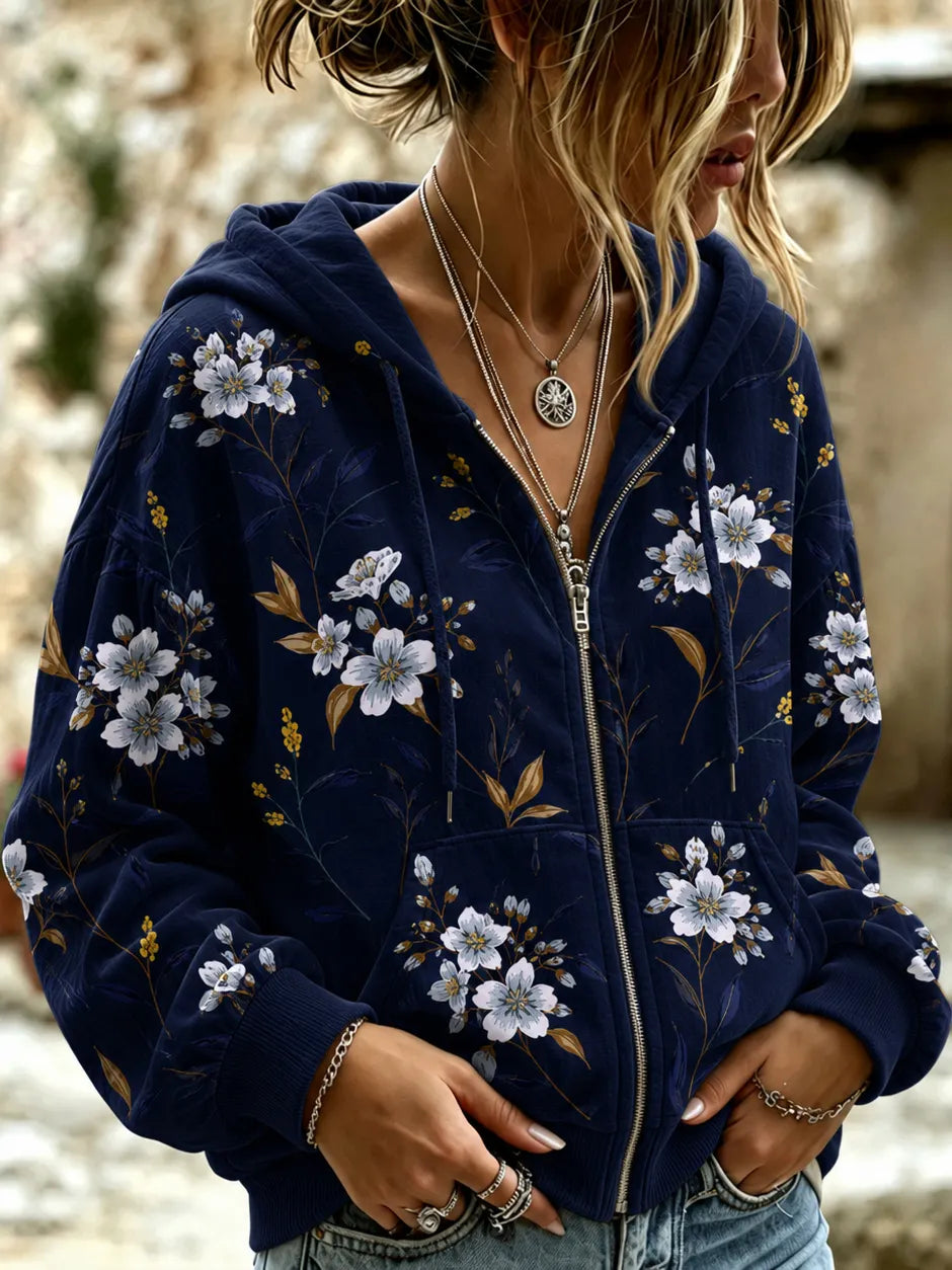 Cardydony Women's Aw Floral Art Flowy Hooded Zipper Tops