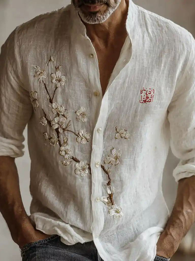Cardydony Men's Retro Japanese Cherry Blossom Patchwork Pattern Casual Shirt