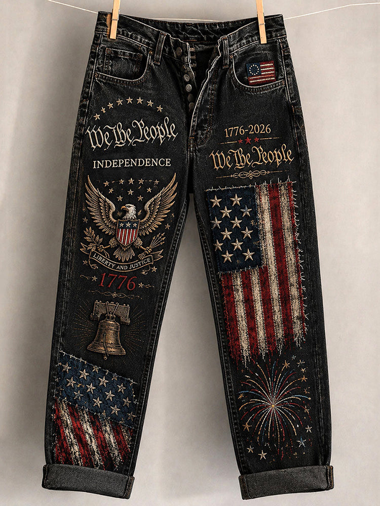 Cardydony Women's Independence Day Printed Casual Imitation Denim Pants