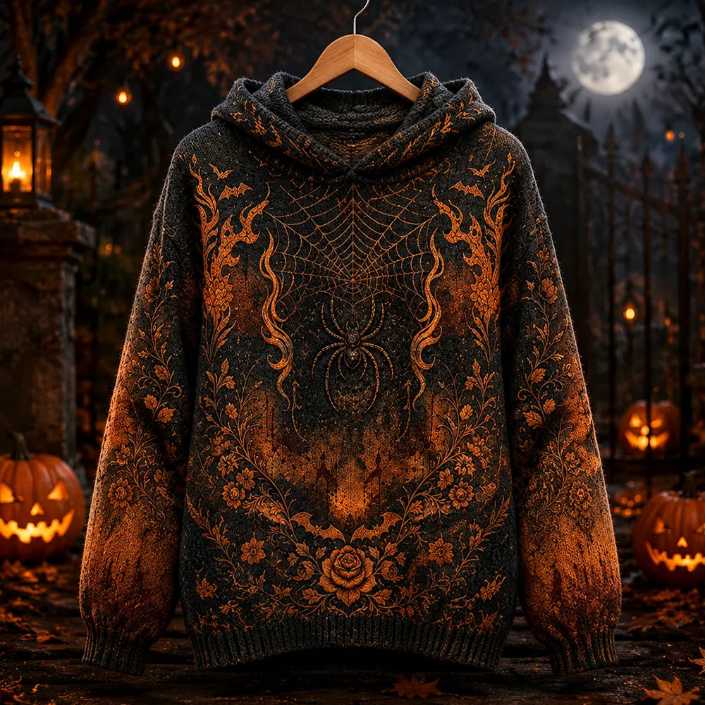 Cardydony Women's Halloween Gothic Spiderweb Floral Pattern Hooded Sweater