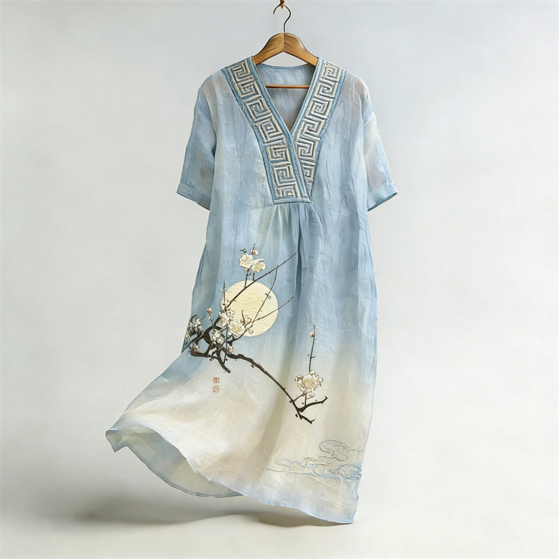 Cardydony Japanese Plum Blossom Moon Gradient Flowy Linen Maxi Dress