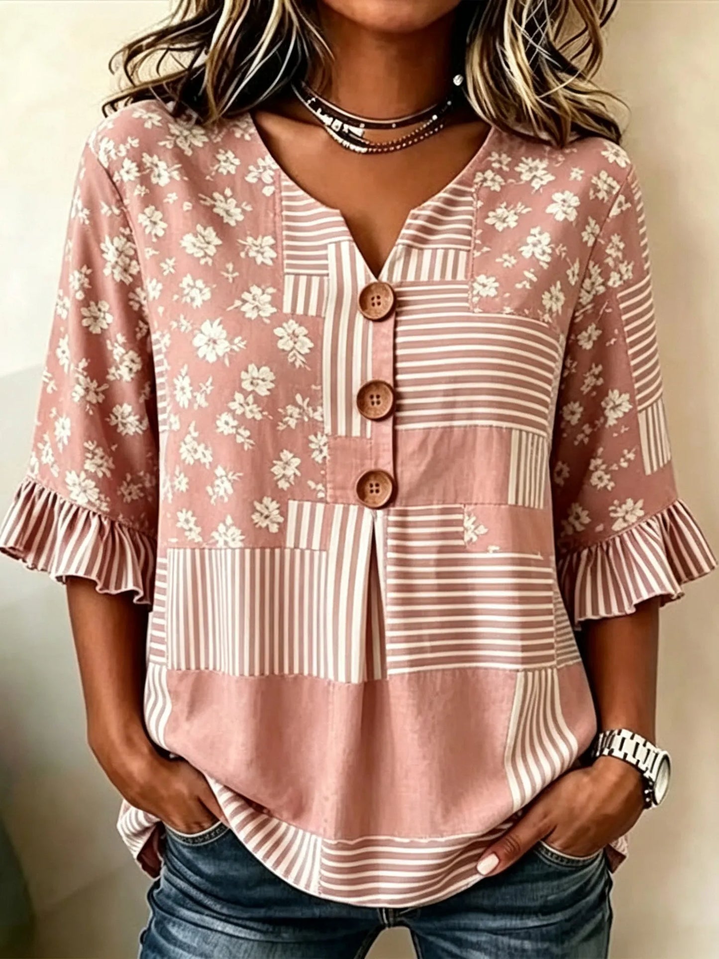 Cardydony Women's Retro Striped Floral Print Casual Top