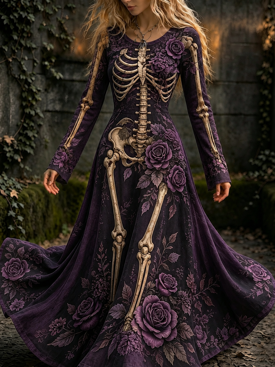 Cardydony Women's Retro Halloween Gothic Skeleton And Purple Rose Flowers Pattern Print Maxi Dress