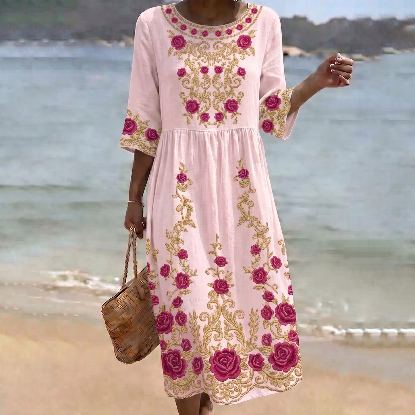 Cardydony Women's Vintage Flower Print Crew Neck Linen Blend Midi Dress