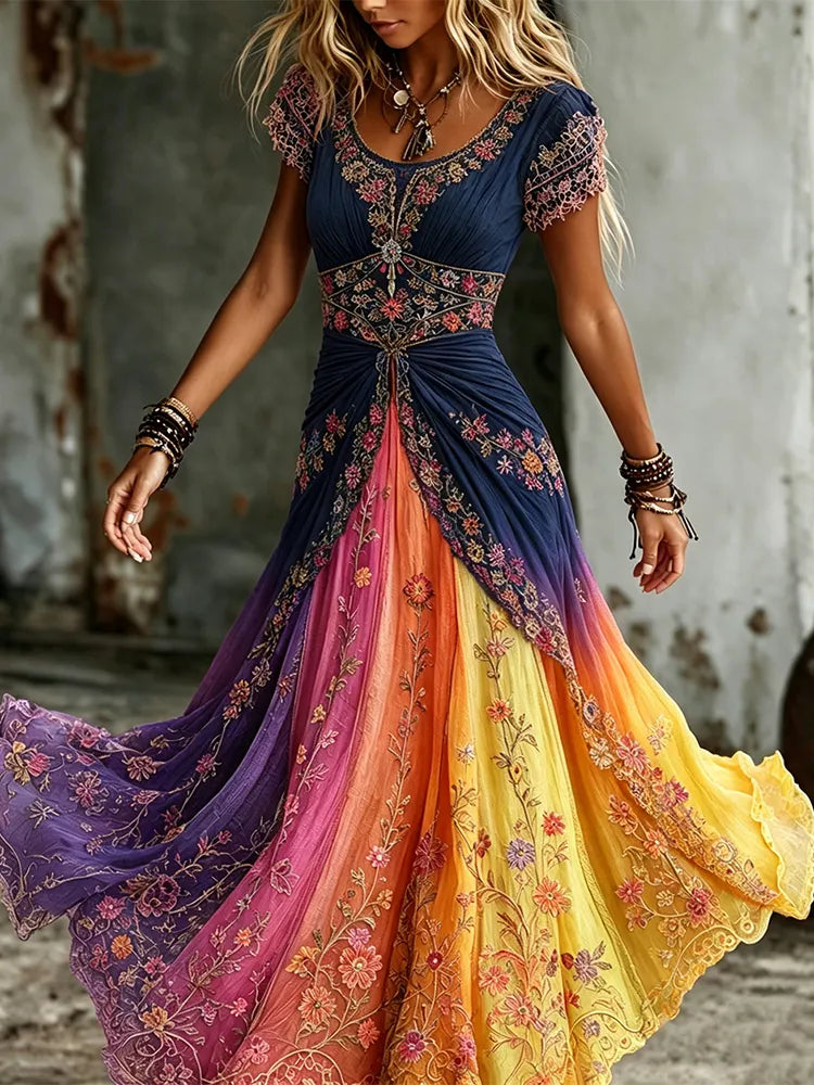 Cardydony Women's Ethnic Floral Gradient Pattern Comfortable Round Neck Dress