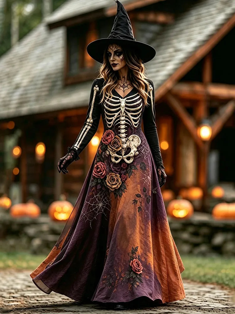 Cardydony Women's Halloween Skull Flower Gradient Print Witch V-neck Maxi Dress