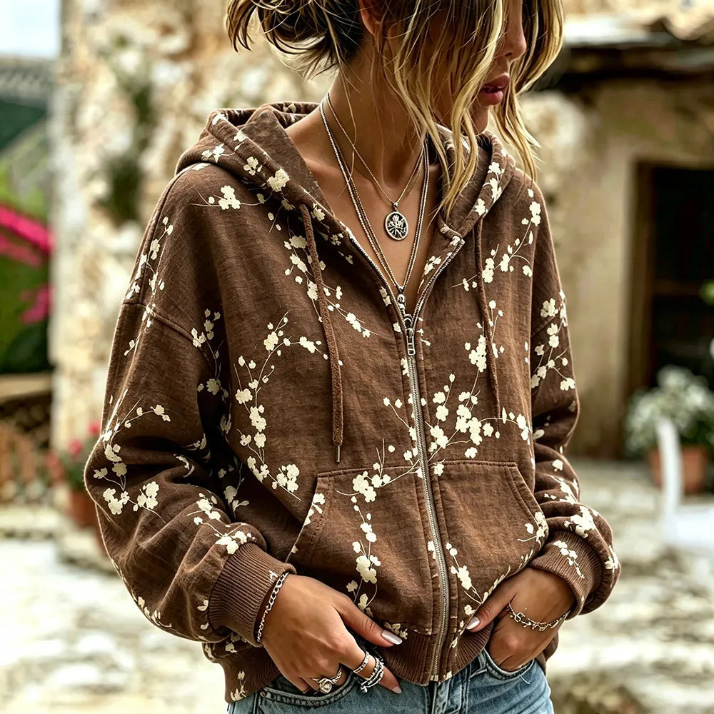 Cardydony Women's Vintage Japanese Cherry Blossom Art Plant Print Casual Hoodie