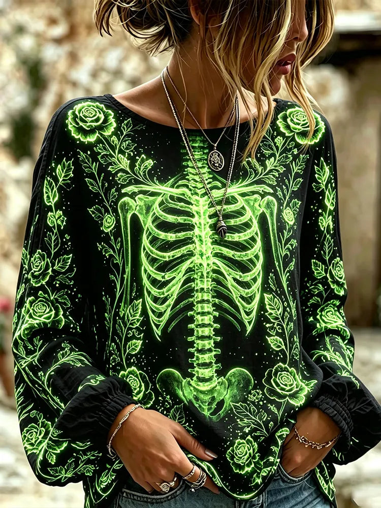 Cardydony Halloween Vintage Fluorescent Human Skeleton Art Cotton Linen Crew Neck Top