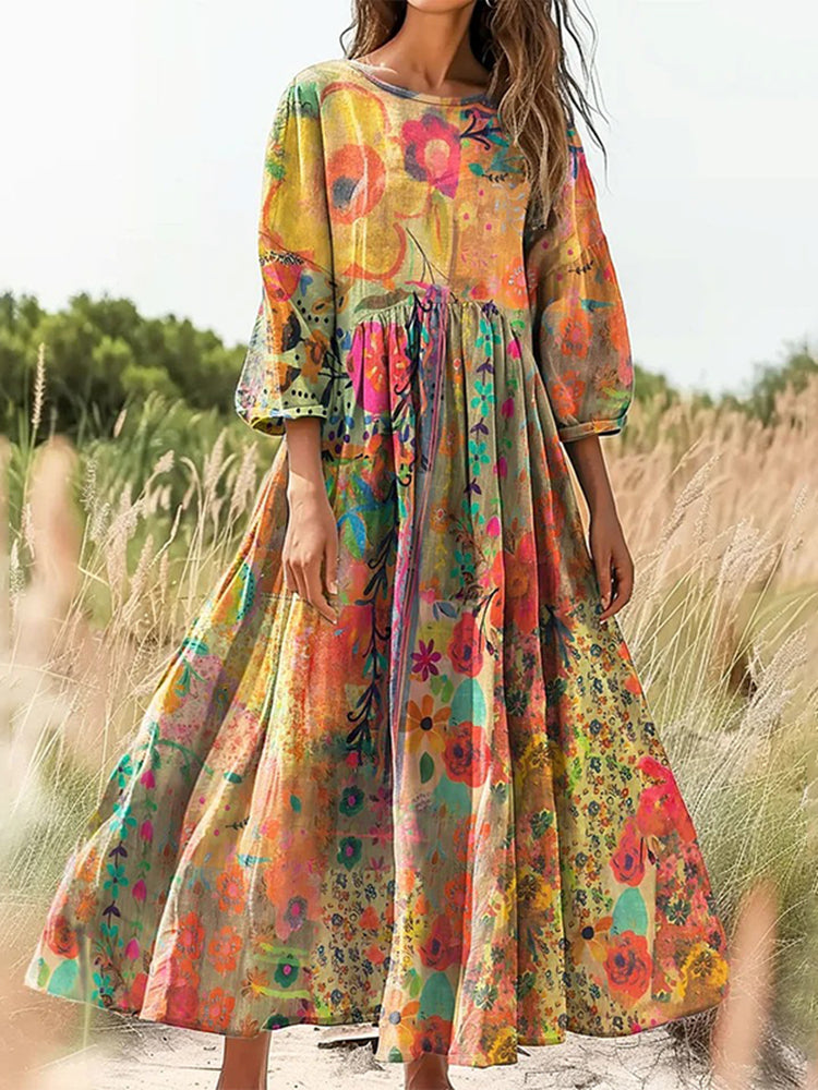 Cardydony Women's Retro Watercolor Floral Collage Art Print Casual Cotton Linen Dress