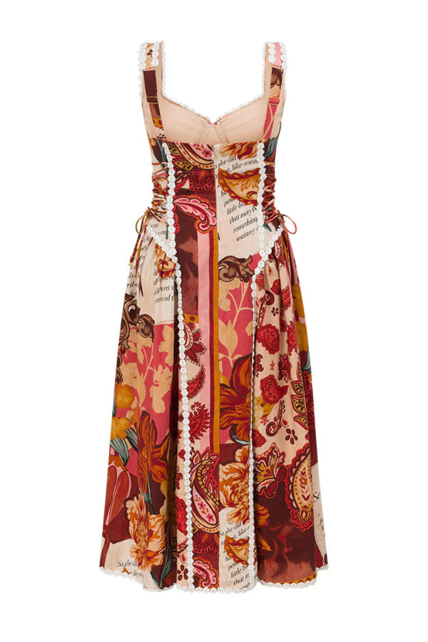 Cardydony Women's Unique Printed Floral Trim Suspender Side Tie Vacation Midi Dress