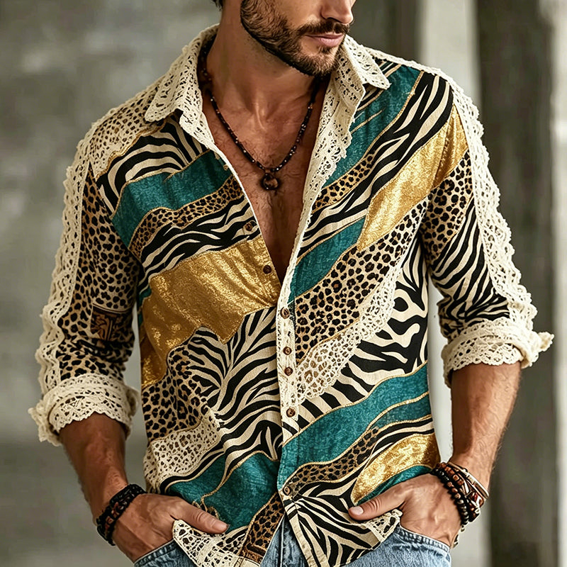Cardydony Men's Color-blocked Leopard Print Lace Long-sleeved Cotton And Linen Shirt