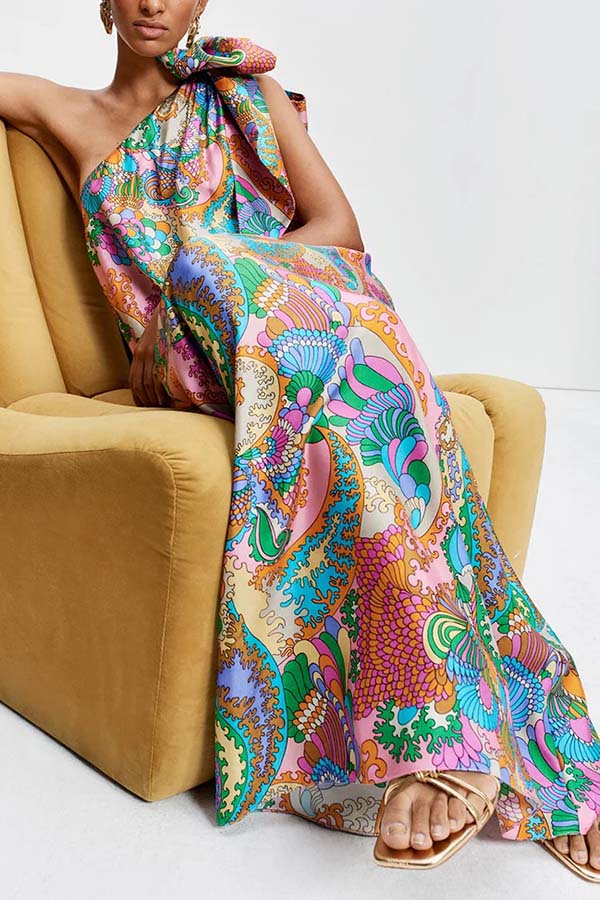 Cardydony Women's Rainbow Breeze Satin Unique Print Bow One Shoulder Loose Maxi Dress