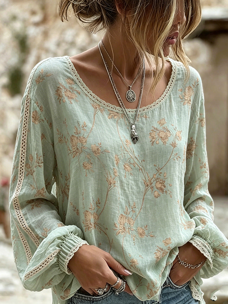 Cardydony Women's Retro Bohemian Floral Print Casual Long-sleeve T-shirt