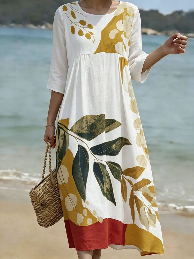 Cardydony Women's Leaf And Branch Art Print Round Neck Dress