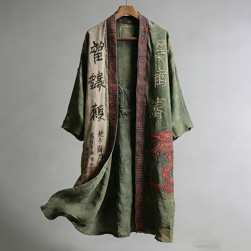 Cardydony Men's Japanese Dragon Pattern Calligraphy And Painting Art Linen Long Kimono