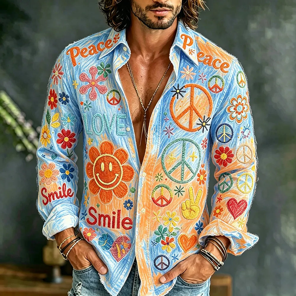 Cardydony Men's Hippie Style Floral Embroidered Gradient Casual Long Sleeve Shirt