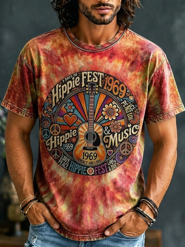 Cardydony Vintage Tie Dye Woodstock 1969 Hippie Music Art Print Casual T-shirt