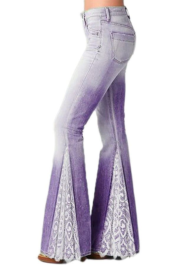 Cardydony Women's Fashionable Gradient Stitching Lace Imitation Denim Casual Flared Pants