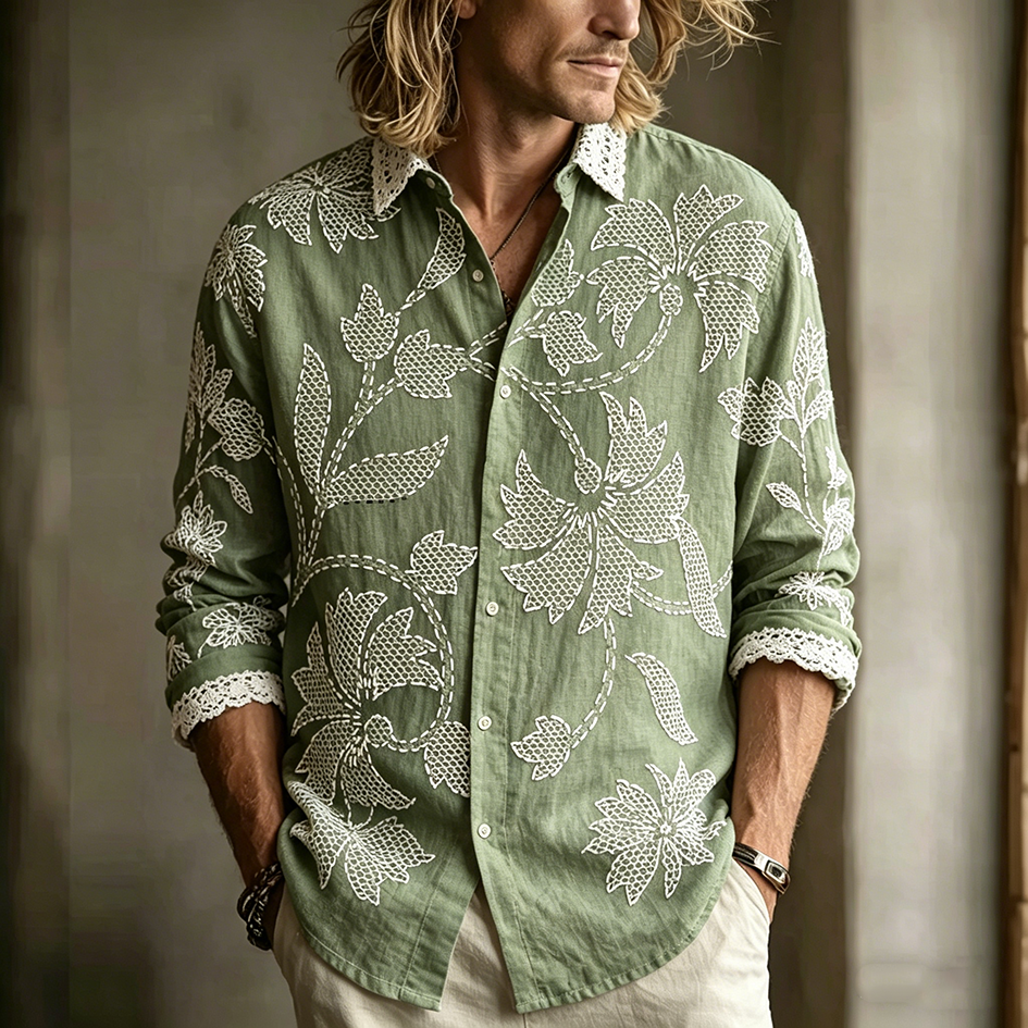 Cardydony Men's Retro Plant Flower Embroidery Pattern Design Casual Linen Shirt