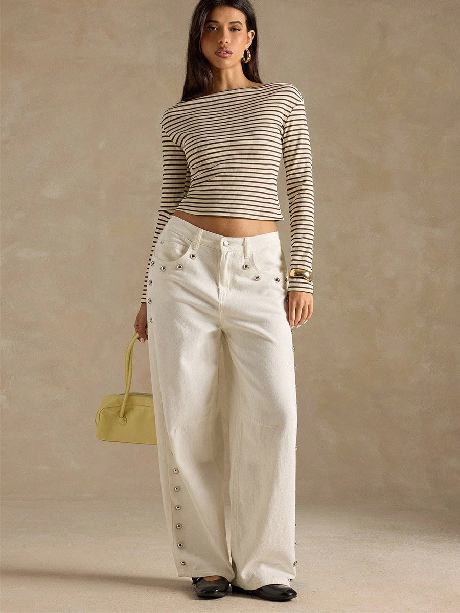 Cardydony Women's Khaki Striped Off Shoulder Rib Knit – Slim Fit Long Sleeve Top