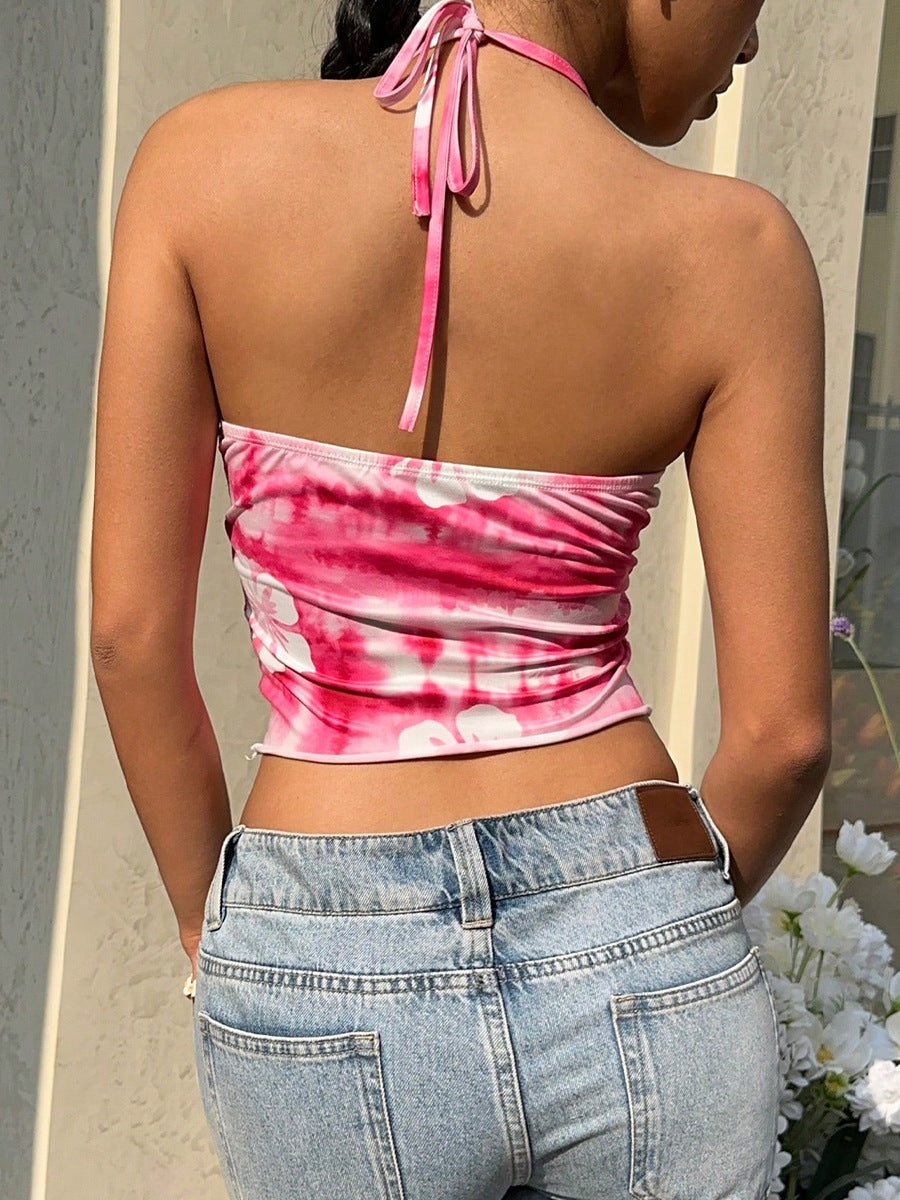 Cardydony Women's Tie Dye Halter Neck Crop Top – Floral Print Summer Top for Women