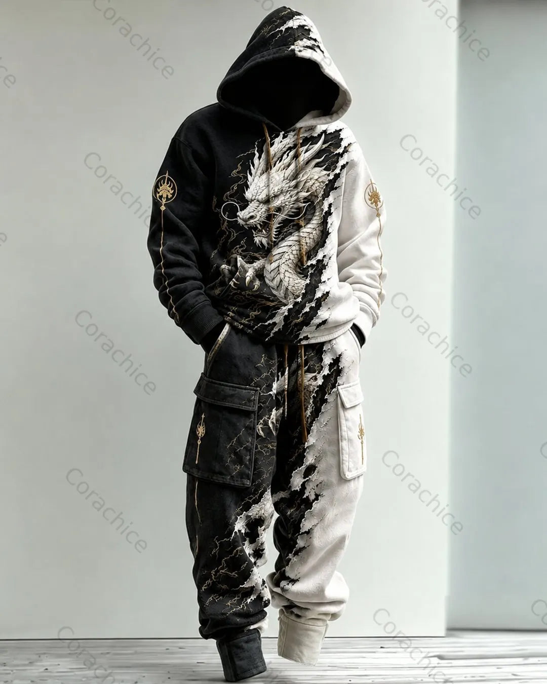 Cardydony Men's Fall and Winter Japanese-Style Printed Hooded & Pants Two-Piece
