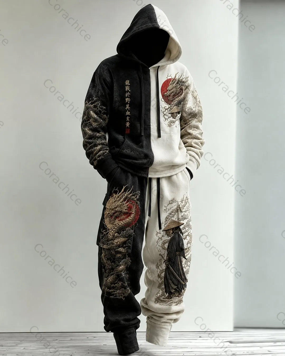 Cardydony Men's Fall and Winter Japanese-Style Printed Hooded & Pants Two-Piece Set1314