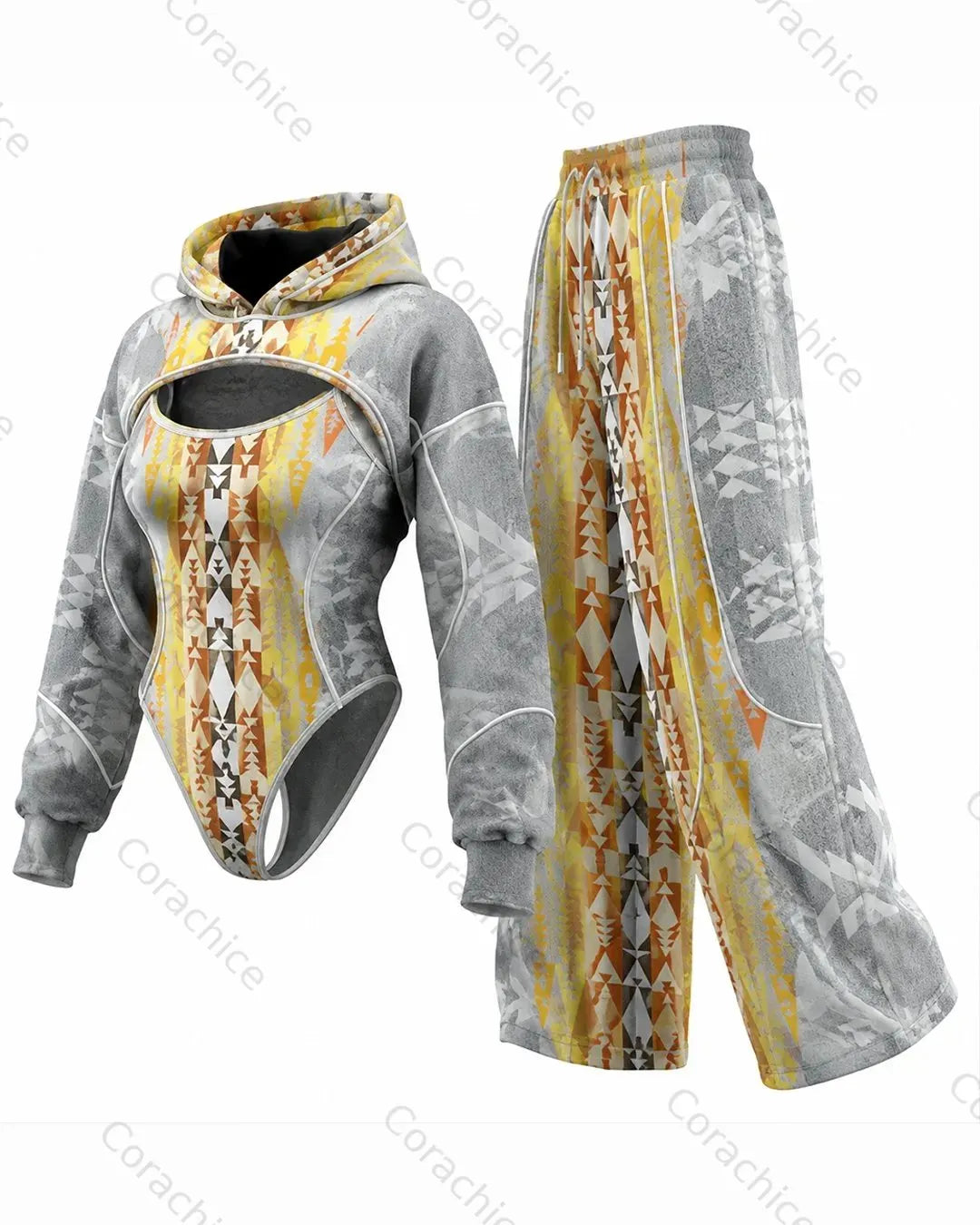 Cardydony Women's Western Retro Ethnic Geometric Print Irregular Cut Two-Piece Bodysuit & Pants