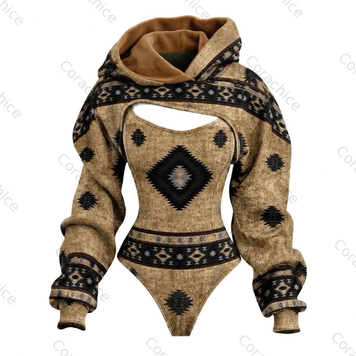 Cardydony Women's Western-Style Aztec-Print Slim-Fit Hooded Jumpsuit