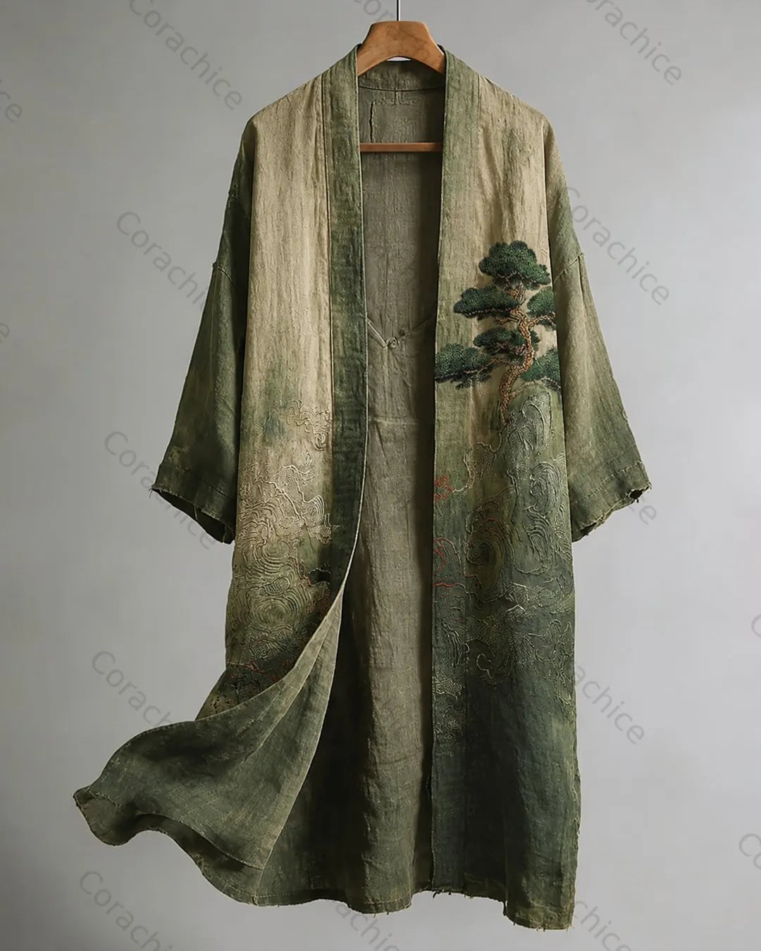 Cardydony Men's Retro Japanese Art Print Casual Cotton Linen Cardigan