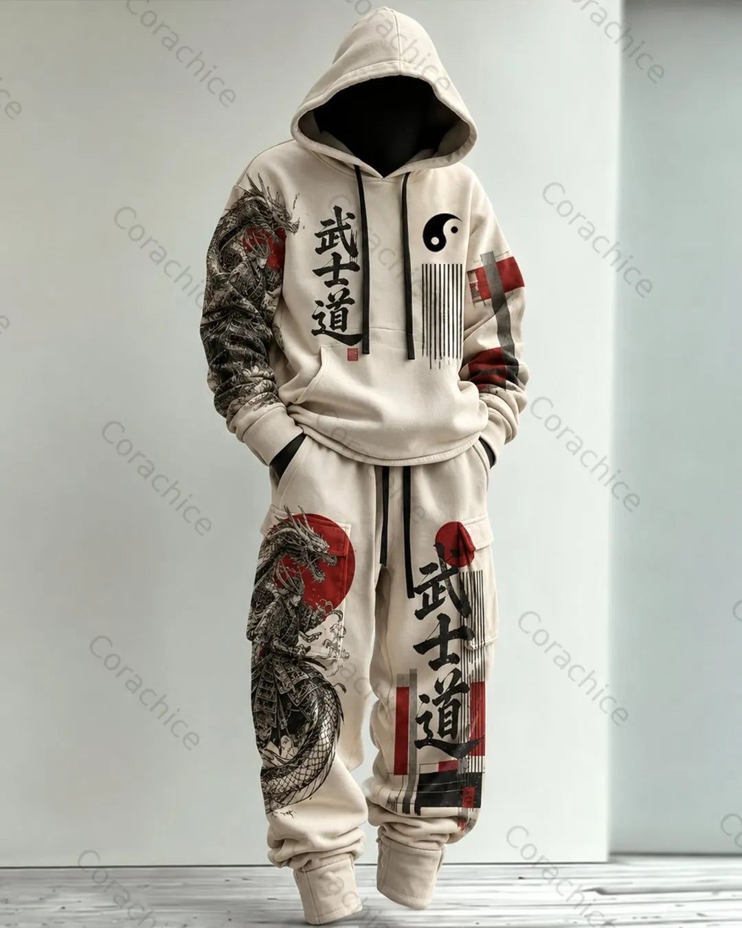Cardydony Men's Fall and Winter Japanese-Style Printed Hoodie & Pants Two-Piece
