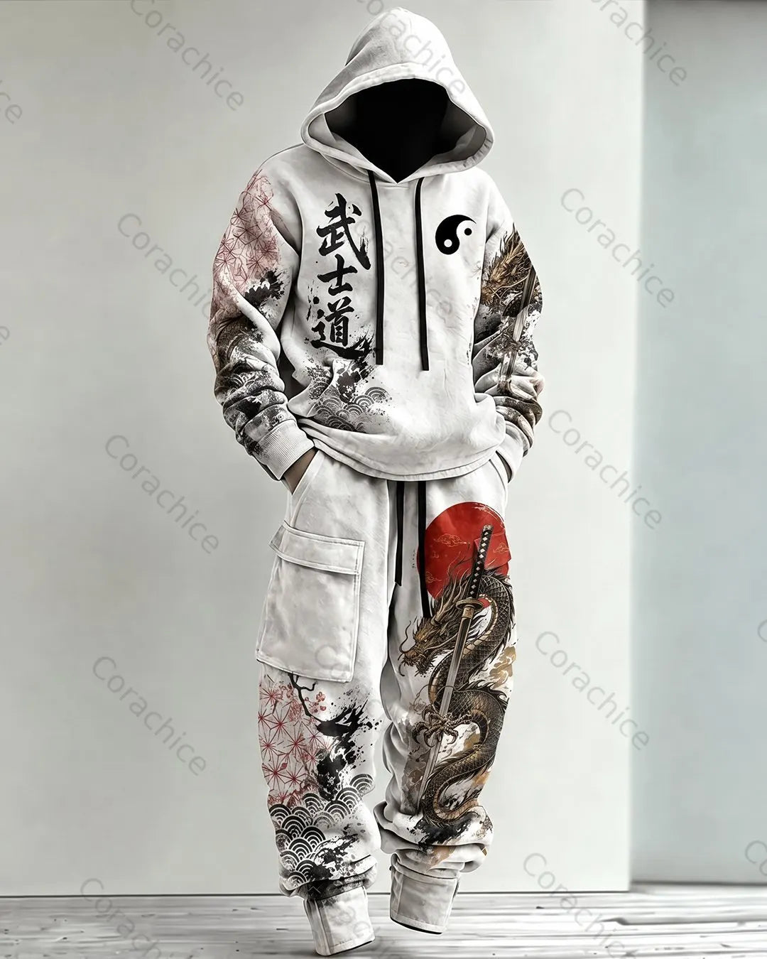 Cardydony Men's Fall and Winter Japanese-Style Printed Hoodie & Pants Two-Piece Set9896