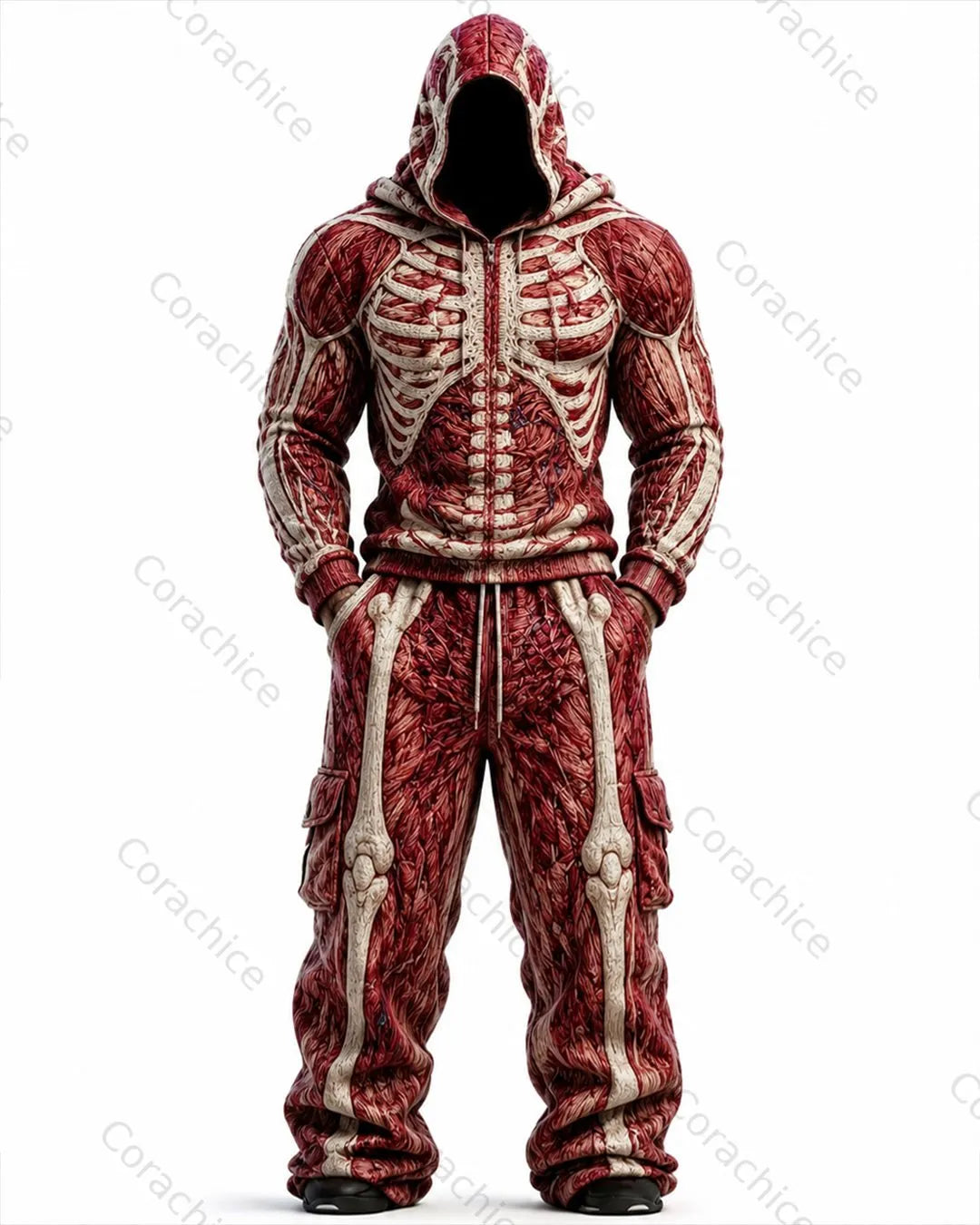 Cardydony Men's Halloween Skeleton Embroidered Hoodie & Pants Two-Piece