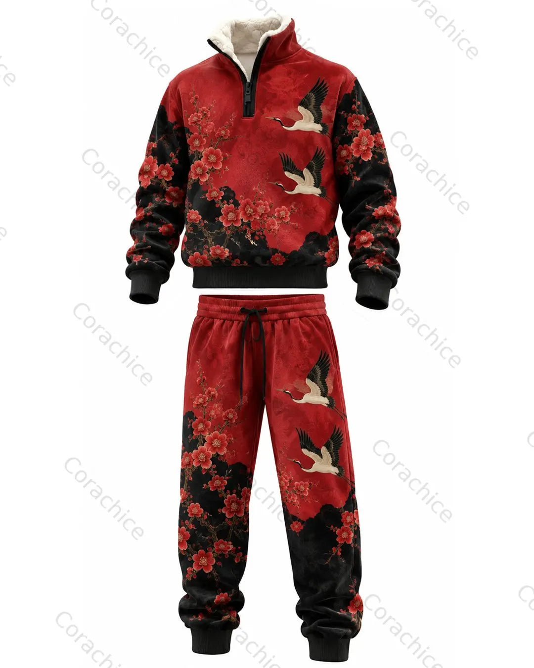 Cardydony Japanese retro art print 1/4 zip-up stand collar thick fleece sweatshirt & sweatpants