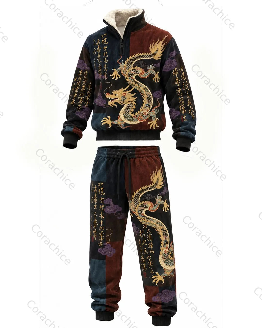 Cardydony Japanese retro art print 1/4 zip-up stand collar thick fleece sweatshirt & sweatpants3359