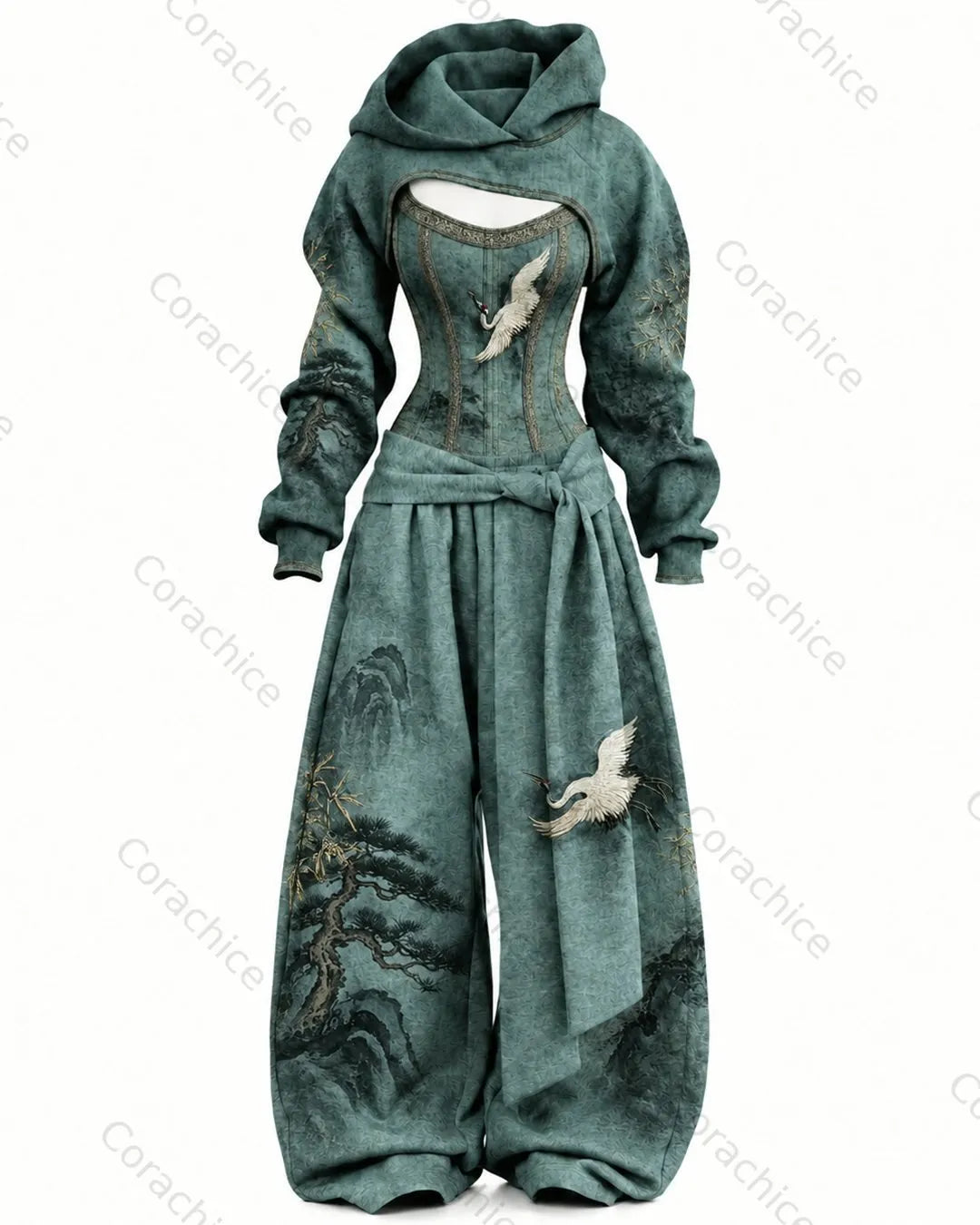 Cardydony Women's Japanese-Style Printed Long-Sleeve Fitted Jumpsuit and Pants Two-Piece