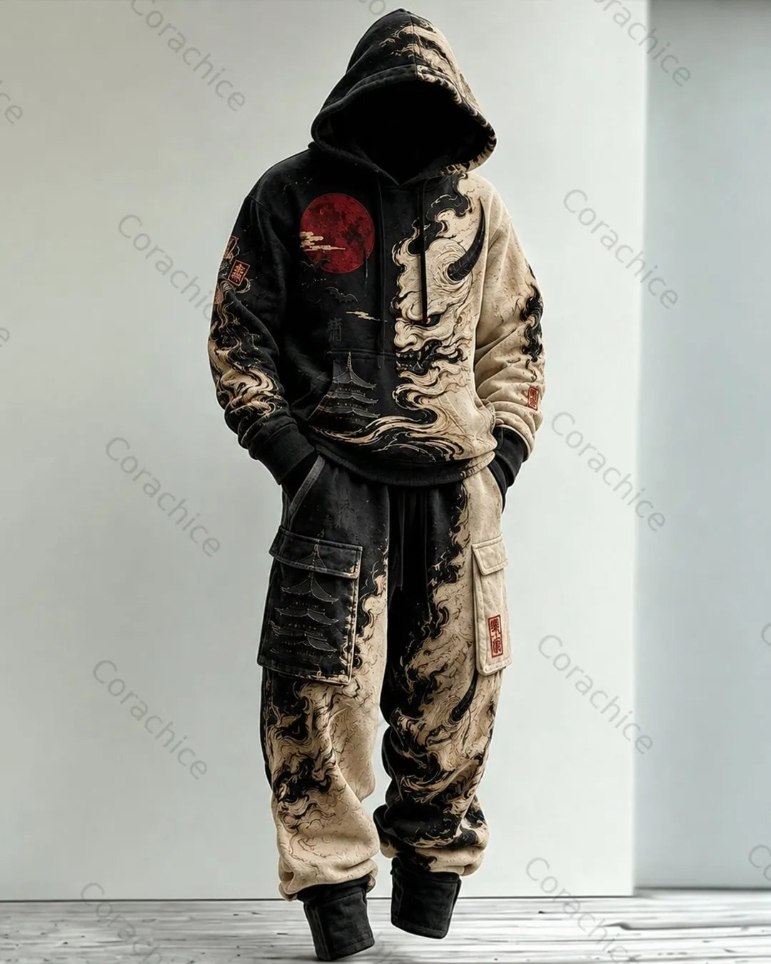 Cardydony Men's Fall and Winter Japanese-Style Printed Hooded & Pants Two-Piece Set8369
