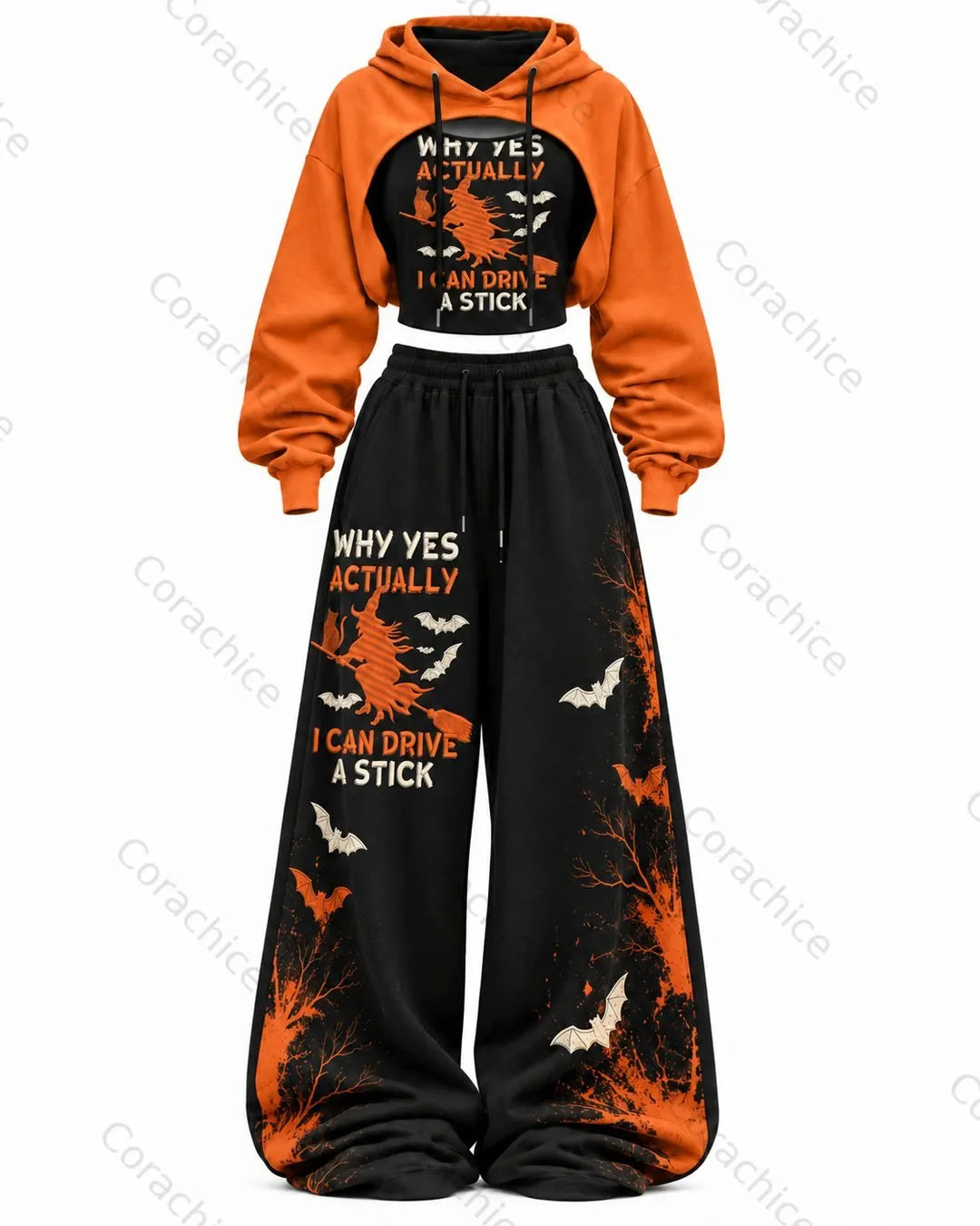 Cardydony Women's Fun Halloween Witch Print Casual Irregular Cut Two-Piece Hooded Top & Pants
