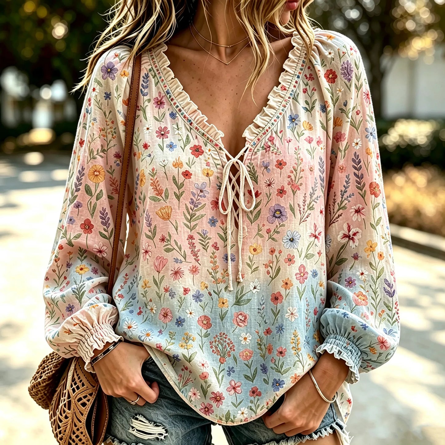 Cardydony Women's Bohemian Style Pastel Wildflower Print V-neck Tie-up Ruffle Shirt