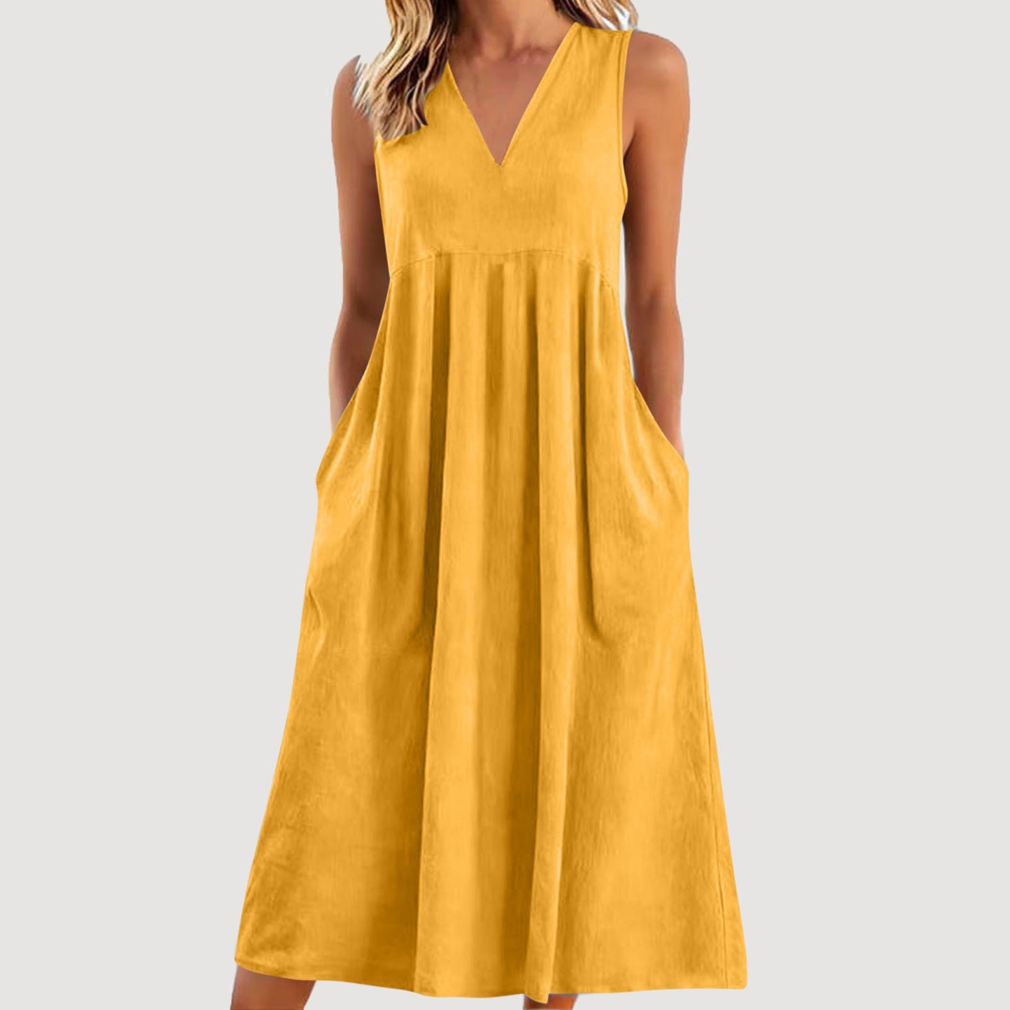Cardydony Women's Solid Color V-neck Sleeveless Linen Blend Midi Dress