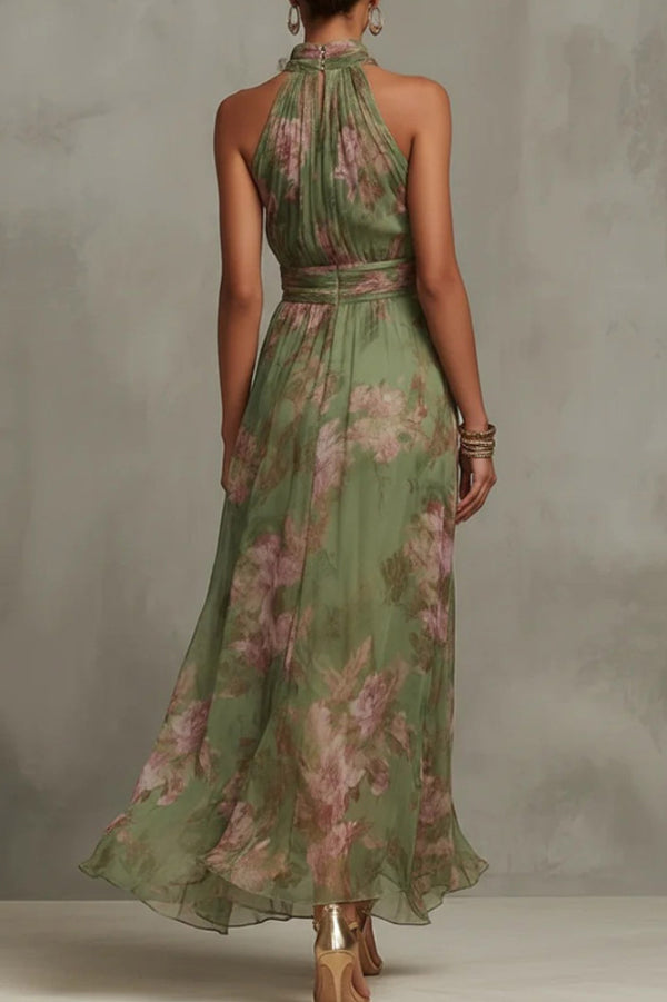 Cardydony Women's  Floral Print Halter Neck Sleeveless Fitted Waist Casual Vacation Maxi Dress