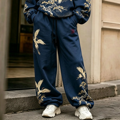 Cardydony Women's Vintage Japanese Crane Art Print Hoodie Two Piece Set