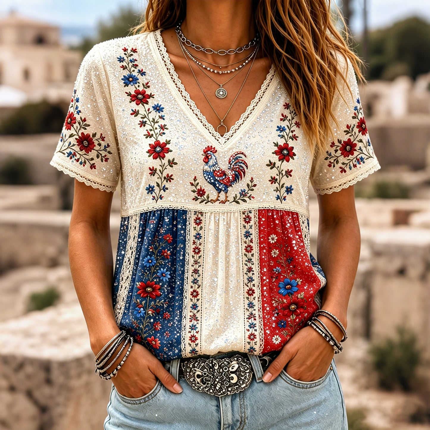 Cardydony Women's Retro Floral With Cock Embroidered Patchwork Art V Neck Linen Blend T-shirt