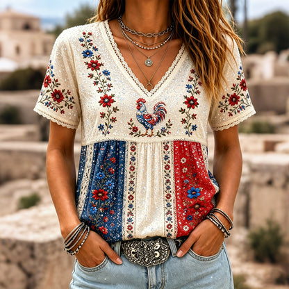 Cardydony Women's Retro Floral With Cock Embroidered Patchwork Art V Neck Linen Blend T-shirt